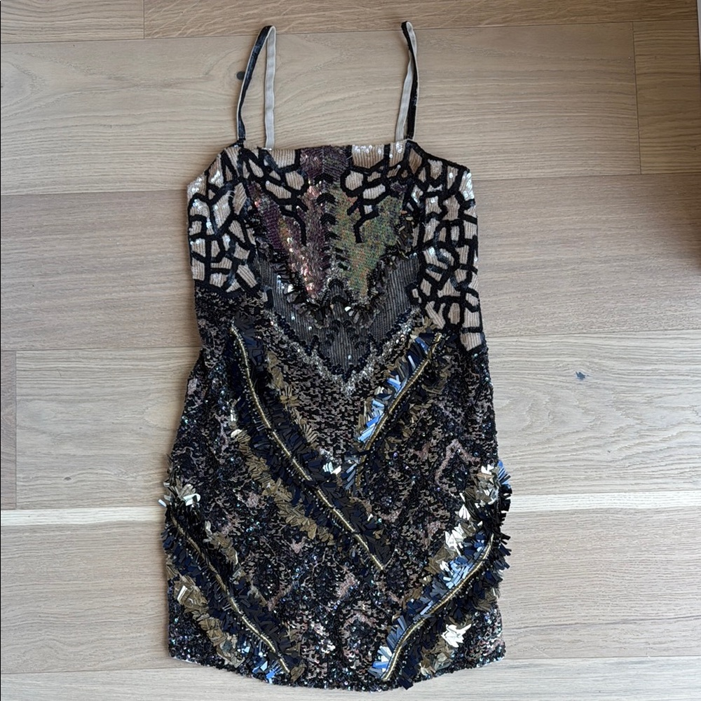 All Saints Black and Gold Sequin Mini Dress